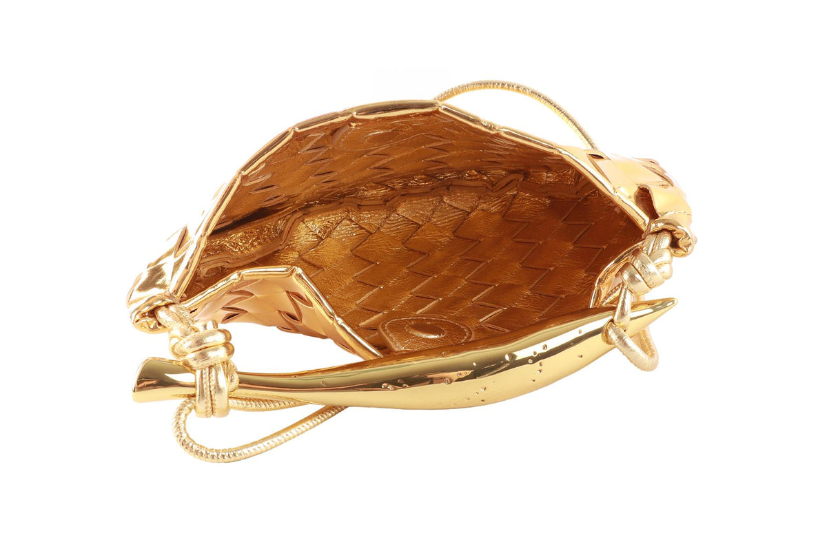 BOTTEGA VENETA GOLD SARDINE MINI INTRECCIATO LEATHER SHOULDER BAG