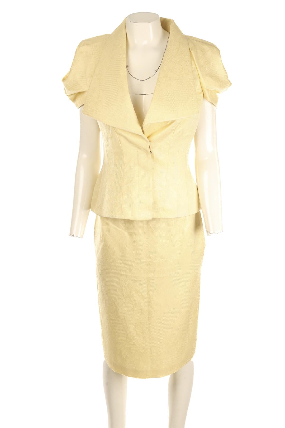 ALEXANDER MCQUEEN YELLOW 2006 SILK JACKET AND SKIRT SET IT 42 UK 10
