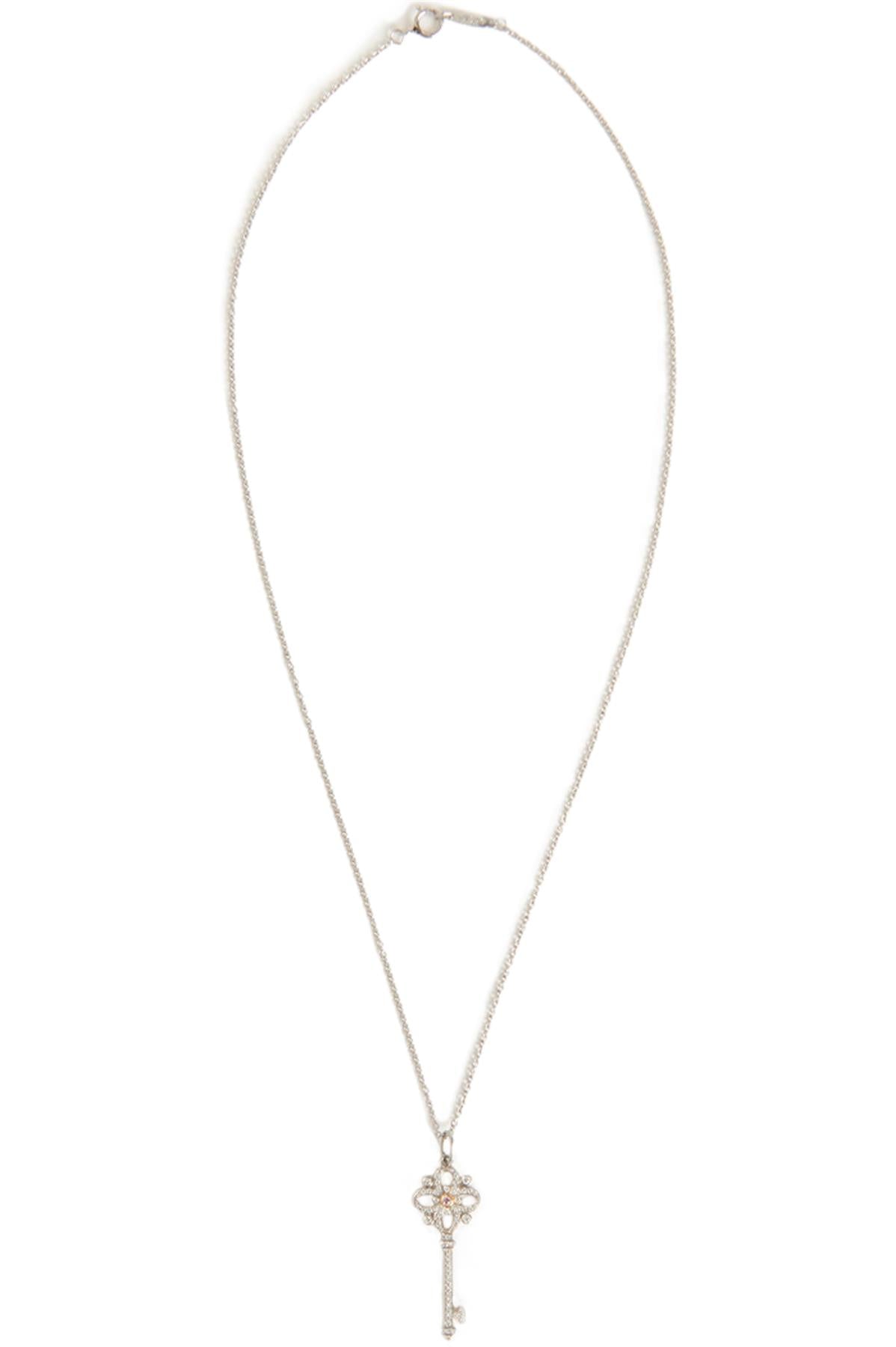 TIFFANY & CO. SILVER PLATINUM WHITE & PINK DIAMOND FLORET KEY NECKLACE