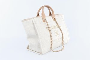 CHANEL BEIGE 2018 DEAUVILLE MEDIUM FABRIC TOTE BAG