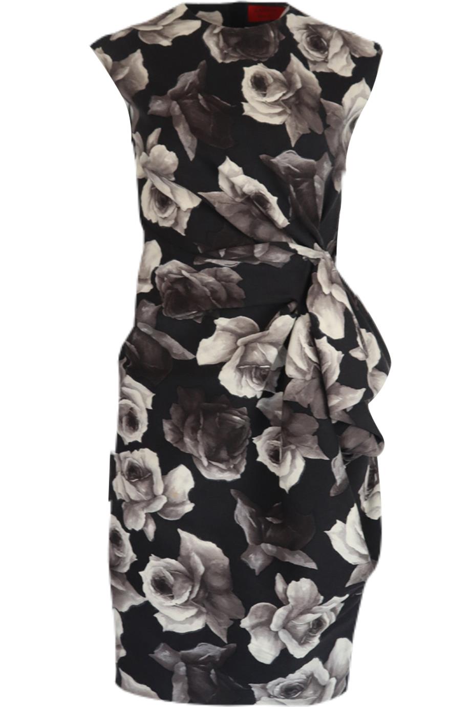 LANVIN RUCHED FLORAL PRINT STRETCH WOOL BLEND DRESS FR 38 UK 10