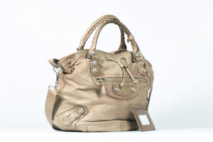 BALENCIAGA TAUPE GIANT 21 POMPON LEATHER BUCKET BAG