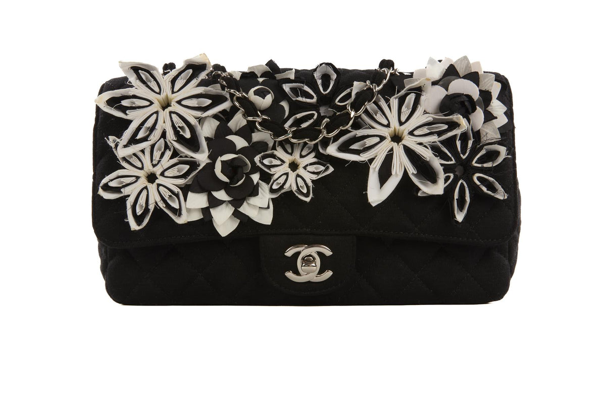 CHANEL BLACK FABRIC FLOWER EMBELLISHED MEDIUM SINGLE FLAP SHOULDER BAG
