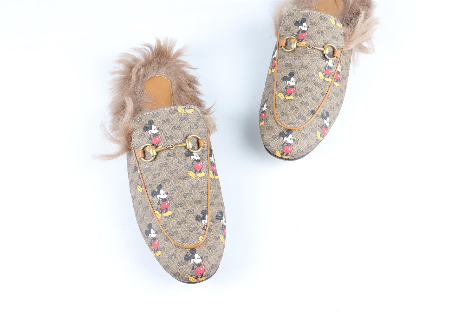 GUCCI + DISNEY BROWN PRINCETOWN CANVAS AND FAUX SHEARLING SLIPPERS EU 41 UK 8 US 11