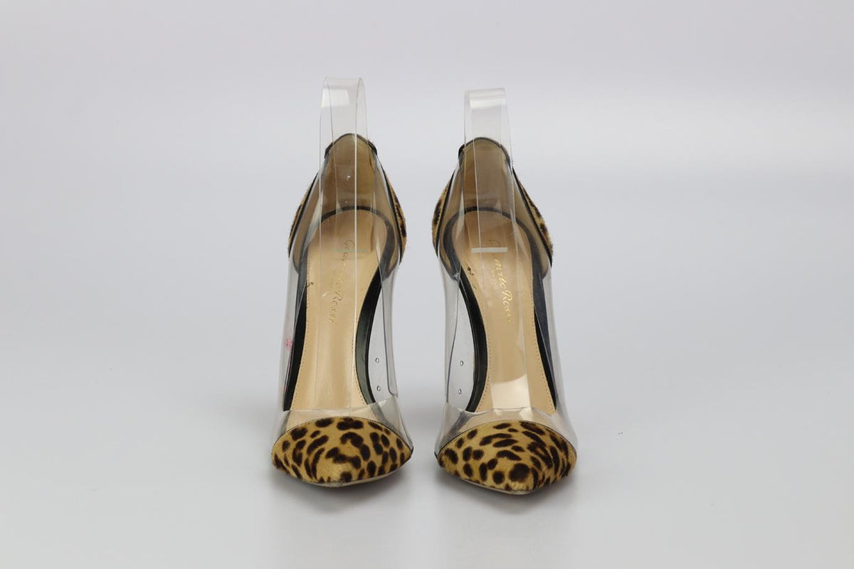 GIANVITO ROSSI LEOPARD PRINT PVC AND CALF HAIR PUMPS EU 37.5 UK 4.5 US 7.5