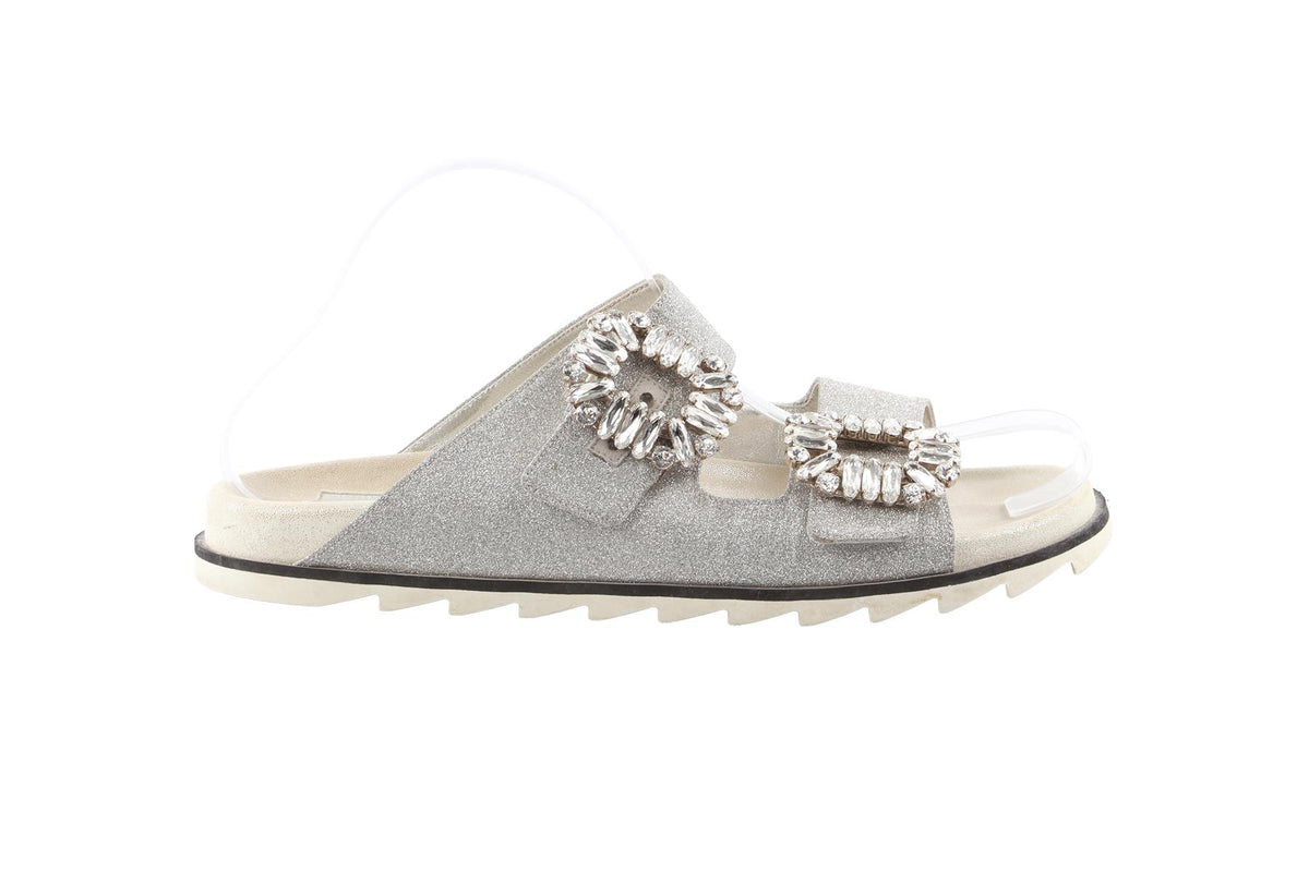 SILVER CRYSTAL AND LEATHER SANDALS