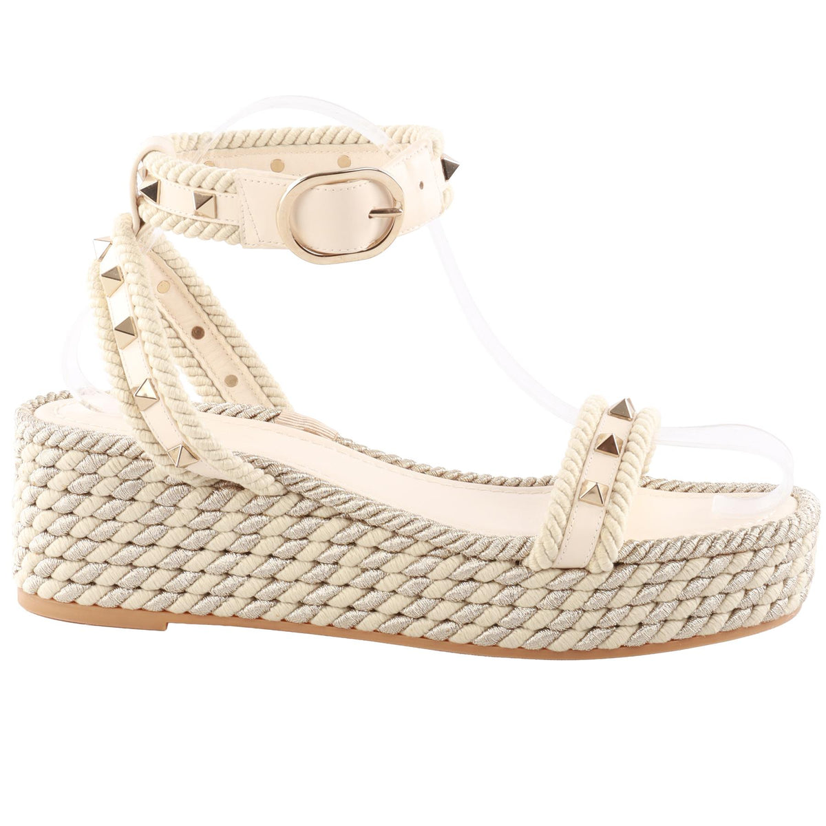 VALENTINO GARAVANI CREAM ROCKSTUD LEATHER ESPADRILLE WEDGE SANDALS EU 38 UK 5 US 8