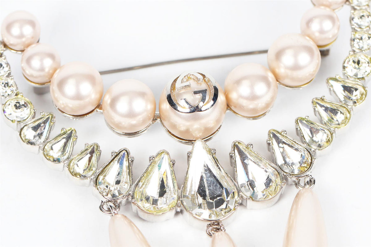GUCCI SILVER GG CRYSTAL AND FAUX PEARL BROOCH