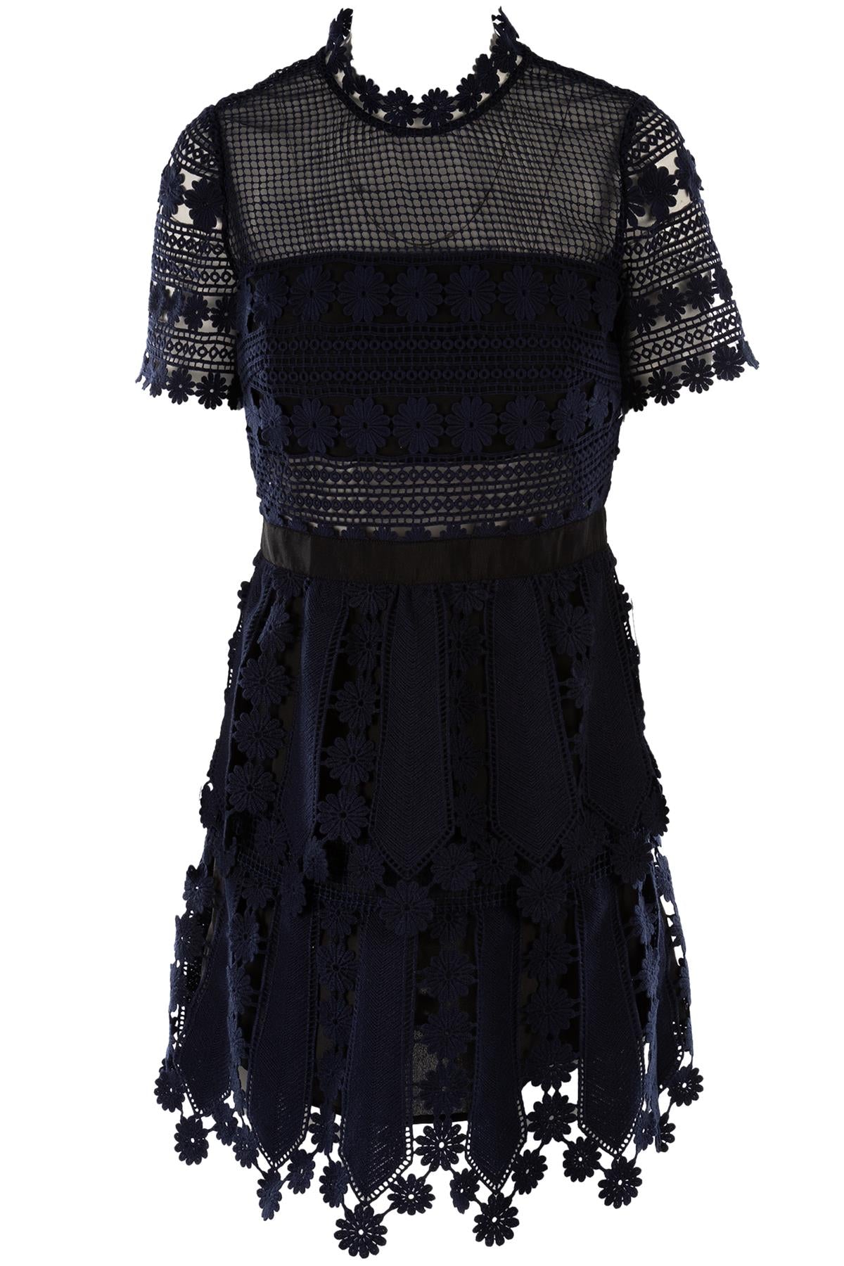 SELF-PORTRAIT NAVY CROCHET MINI DRESS UK 10