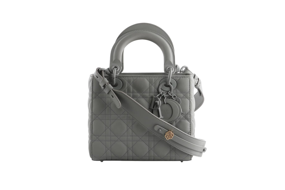 CHRISTIAN DIOR GREY LADY DIOR MY ABCDIOR SMALL ULTRAMATTE CANNAGE LEATHER TOTE BAG