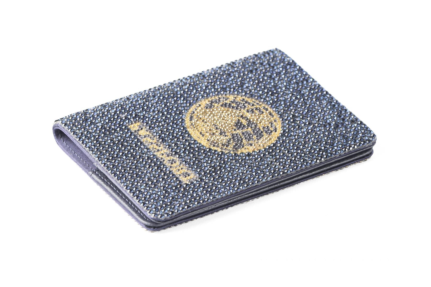 JUDITH LEIBER BLUE CRYSTAL AND LEATHER PASSPORT HOLDER