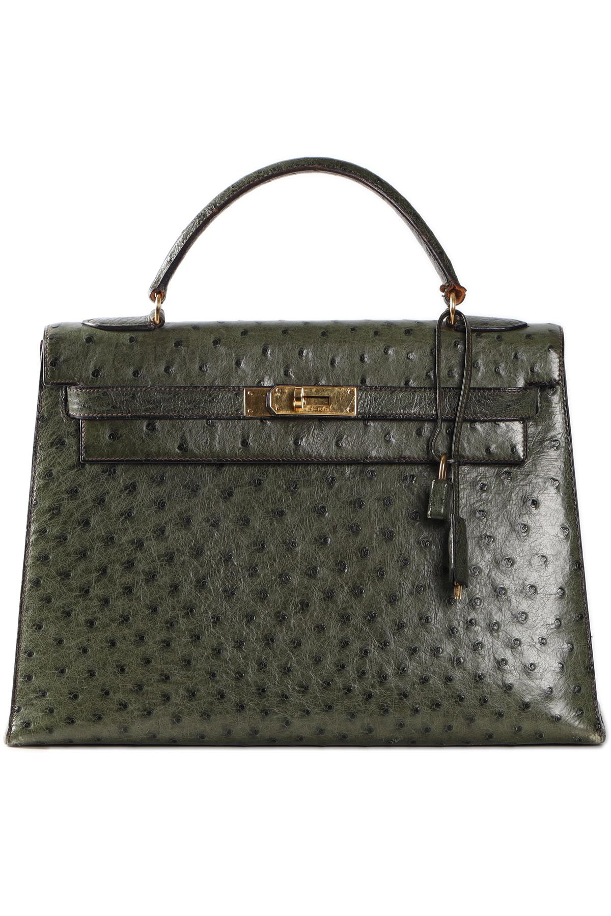 HERMÈS GREEN 1981 KELLY 32CM OSTRICH BAG IN VERT OLIVE