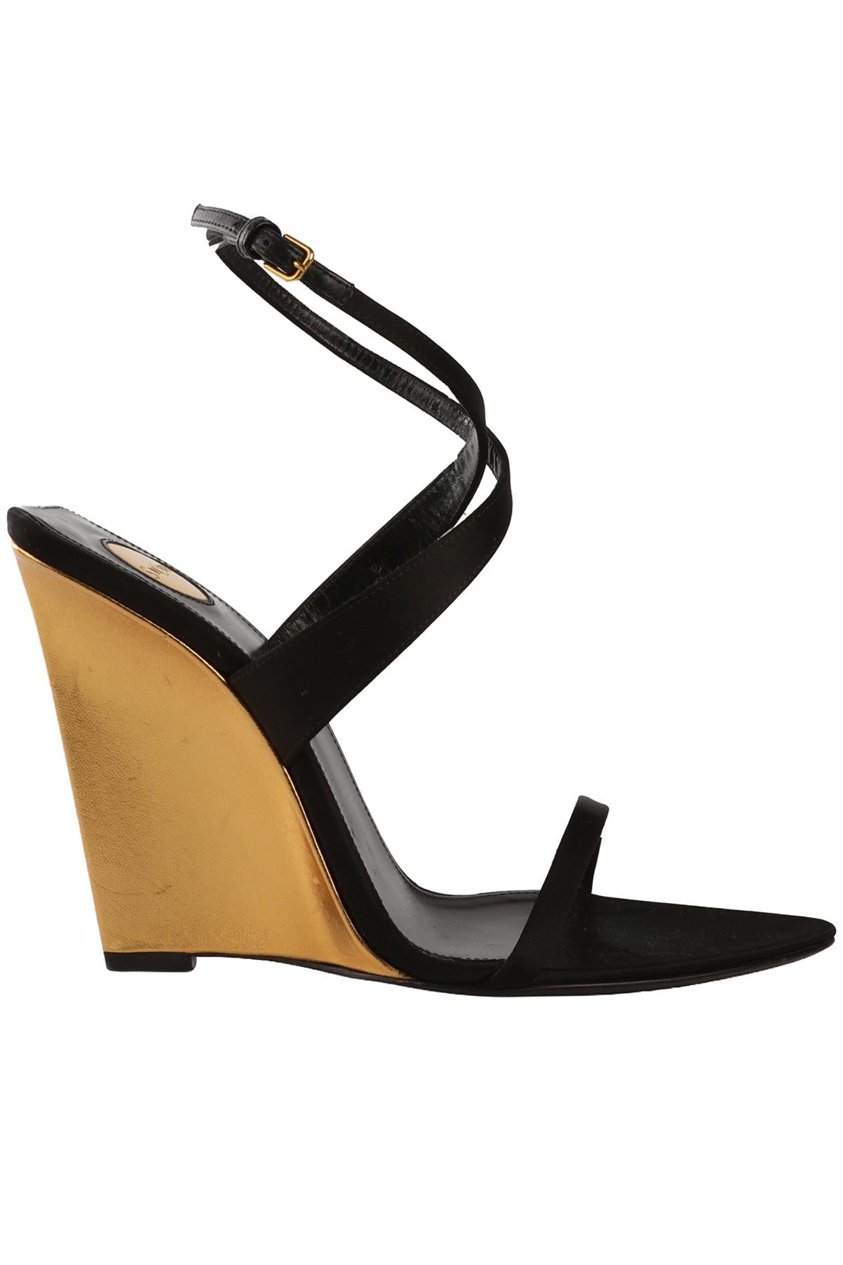 SAINT LAURENT BLACK SATIN SALOME WEDGE SANDALS EU 38.5 UK 5.5 US 8.5