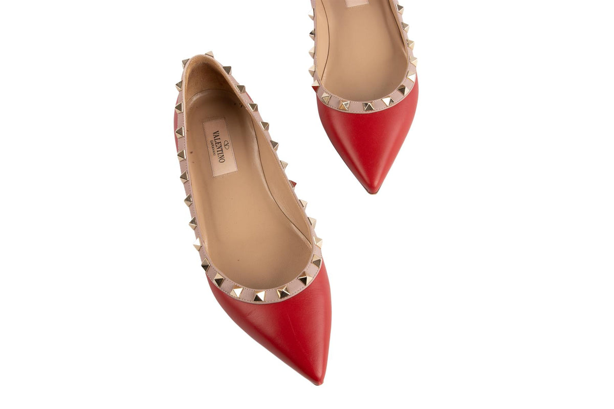 VALENTINO RED ROCKSTUD LEATHER BALLET FLATS EU 37