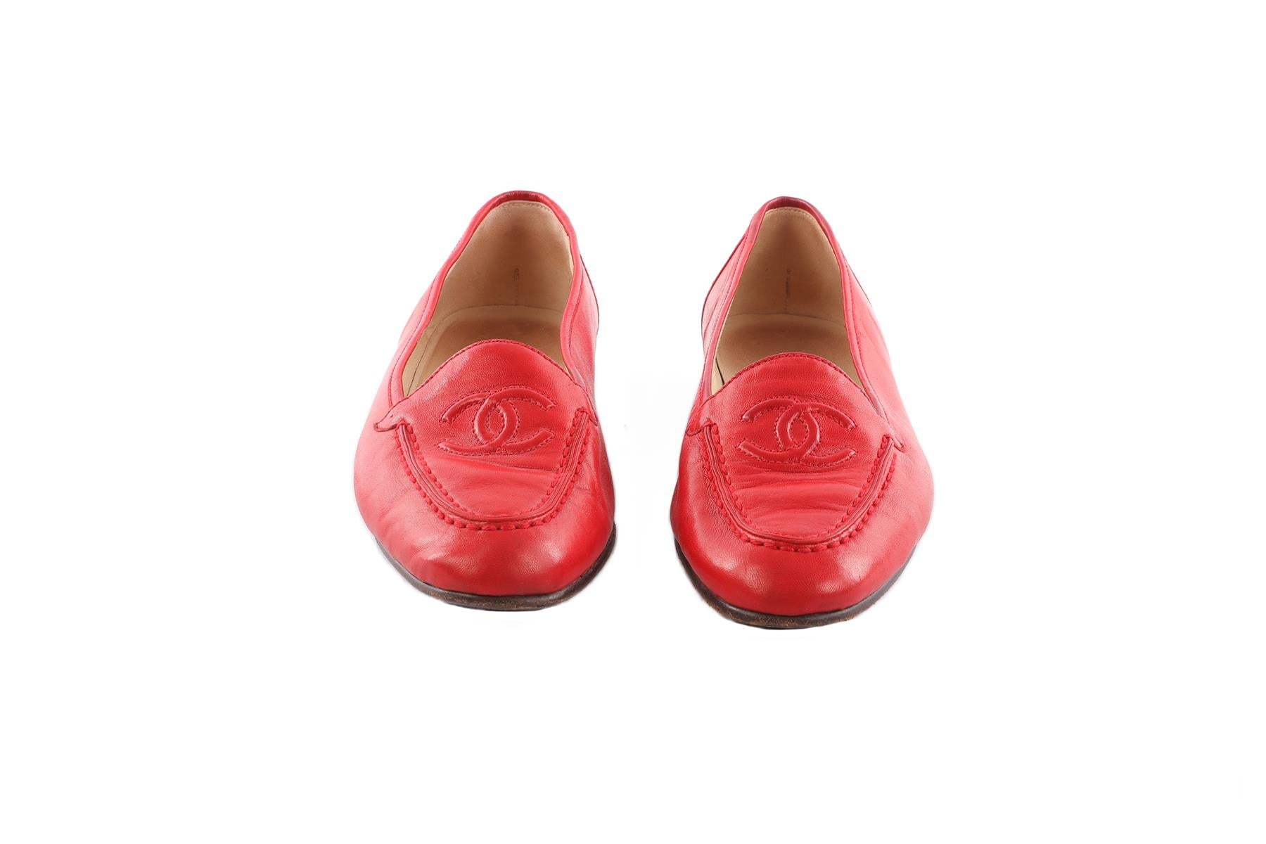 CHANEL RED VINTAGE CC LEATHER LOAFERS EU 39.5 UK 6.5 US 9.5