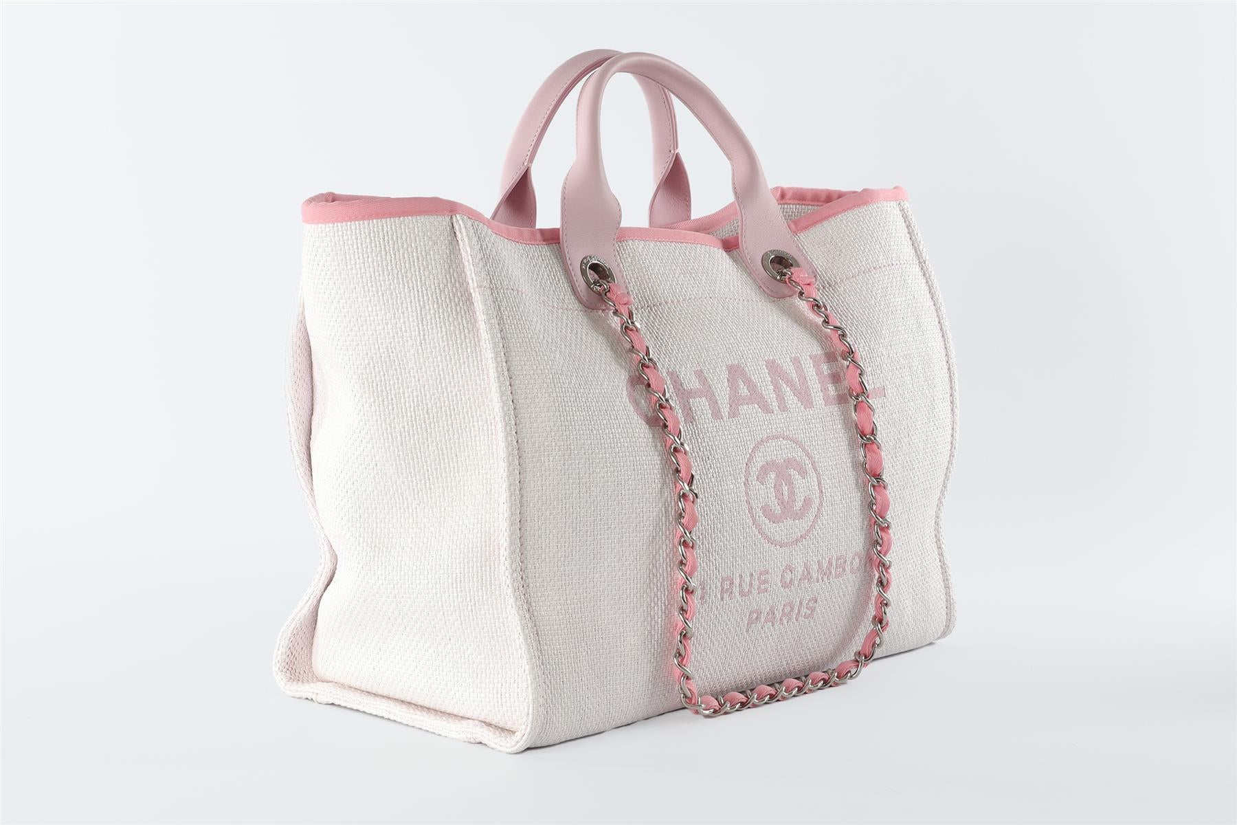 CHANEL WHITE 2015 - 2016 DEAUVILLE MEDIUM FABRIC TOTE BAG (COMES WITH AUTHENTICITY CARD)