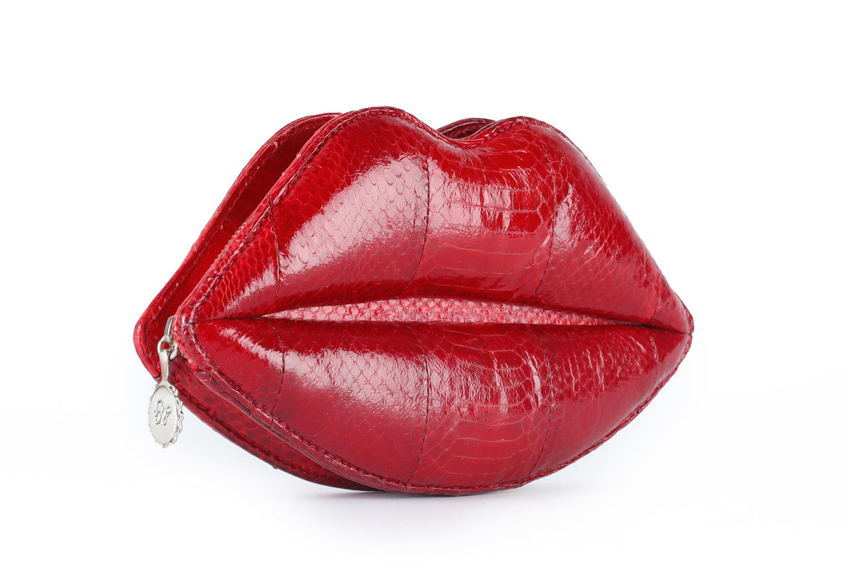 LULU GUINNESS RED LIPS SNAKESKIN CLUTCH