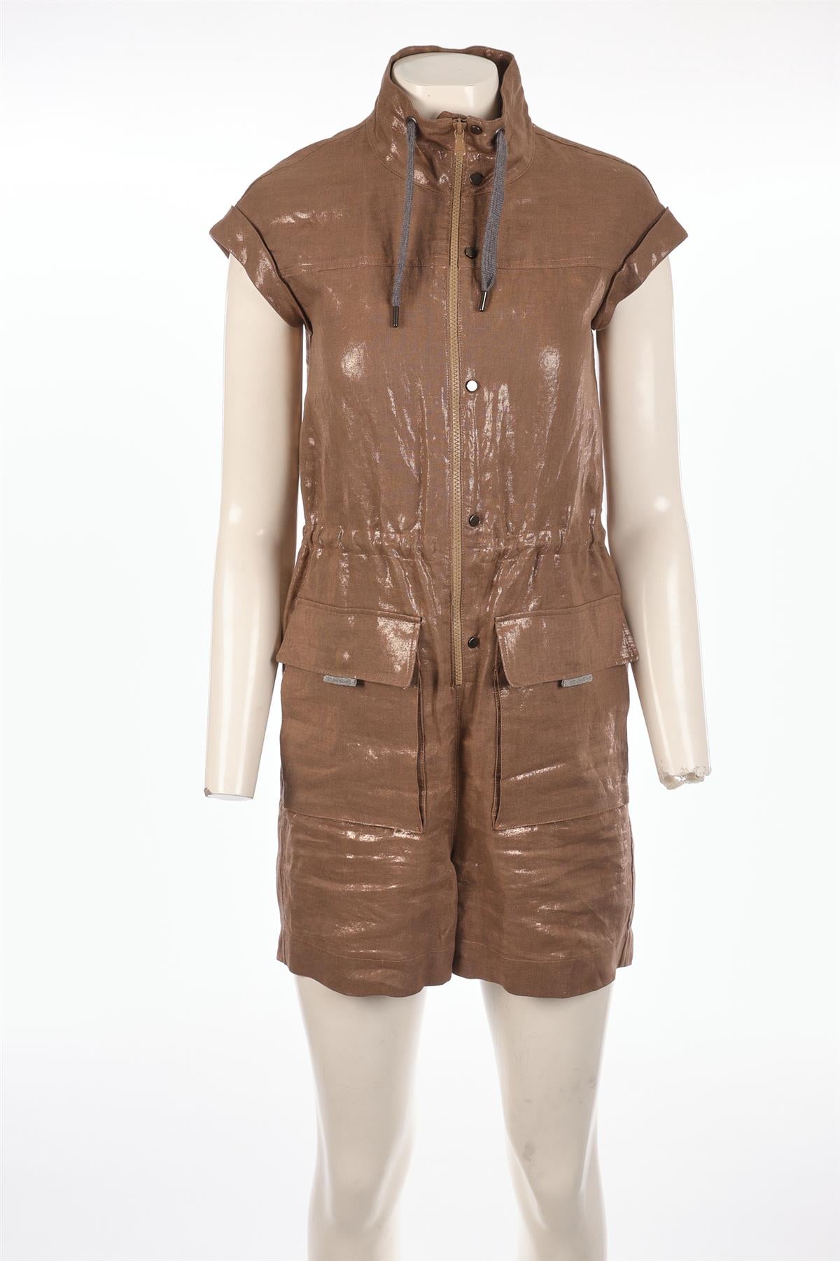 BRUNELLO CUCINELLI BROWN LINEN PLAYSUIT XSMALL