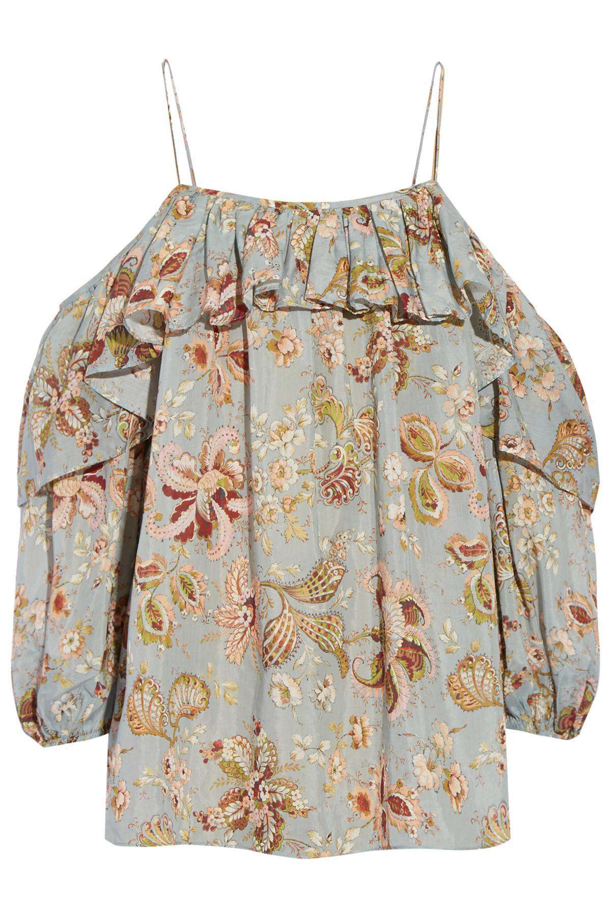 ZIMMERMANN PAVILION OFF THE SHOULDER PRINTED COTTON AND SILK BLEND TOP UK 8