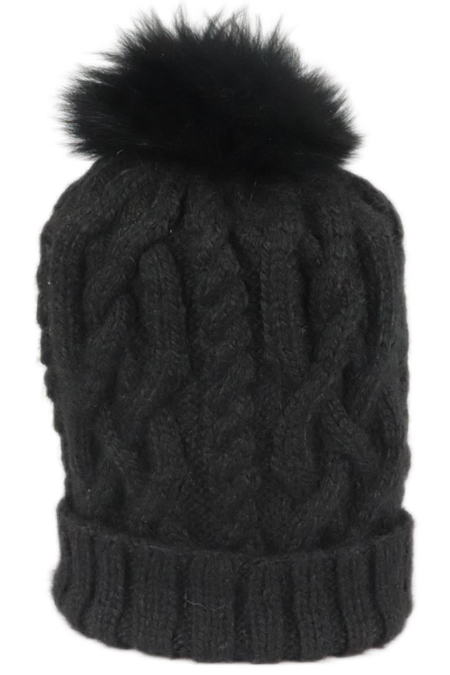 EUGENIA KIM FOX FUR TRIMMED CABLE KNIT ALPACA BEANIE ONE SIZE