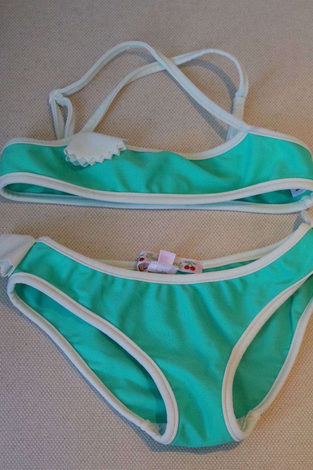 BONPOINT BABY GREEN BIKINI WITH WHITE LINING AND TASSLES 4 YEARS