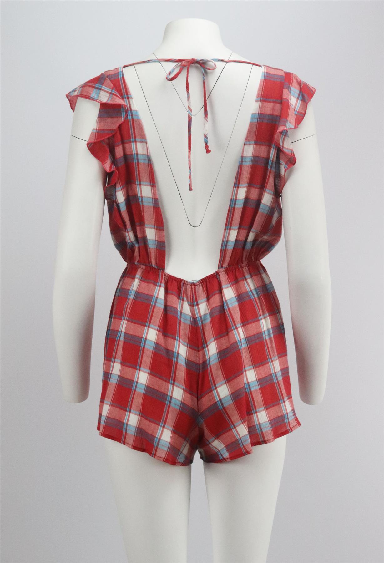BLUE LIFE RUFFLED CHECKED COTTON VOILE PLAYSUIT SMALL