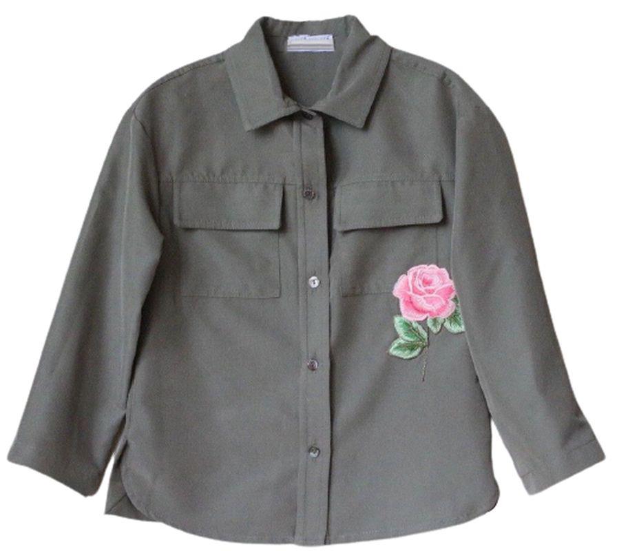 MONNALISA GIRLS KHAKI GREEN VISCOSE BLOUSE SHIRT WITH EMBROIDERED ROSE 4 YEARS