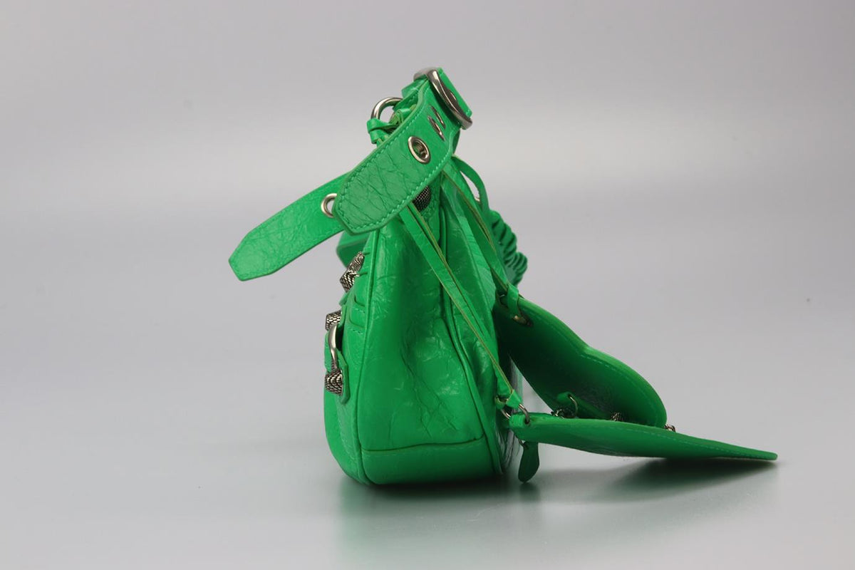 BALENCIAGA LE CAGOLE XS STUDDED CRINKLED LEATHER SHOULDER BAG