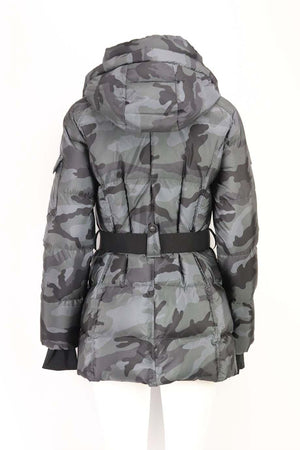 SAM. NYC BELTED CAMOUFLAGE PRINT QUILTED SHELL DOWN JACKET LARGE