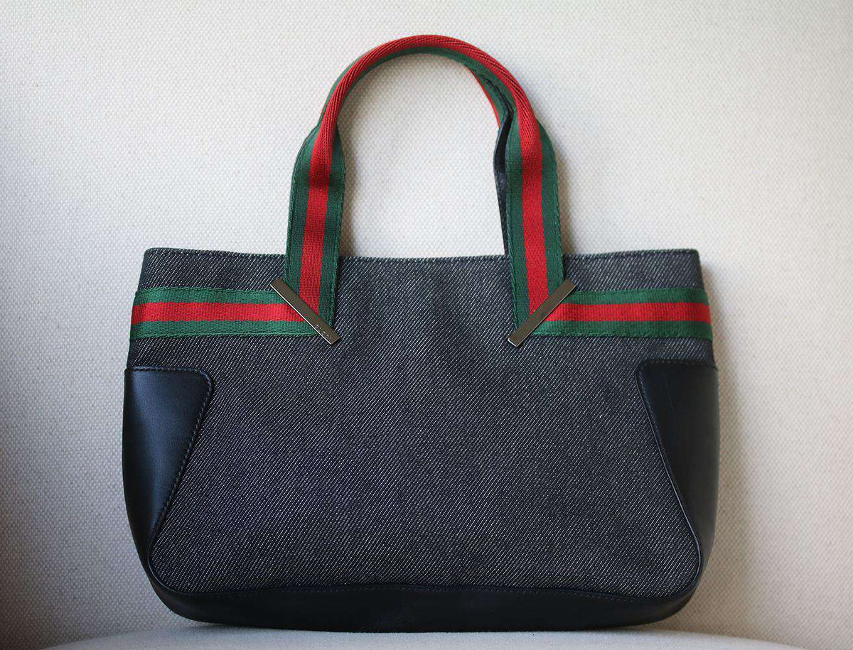 GUCCI STRIPE DENIM AND LEATHER MINI HANDBAG