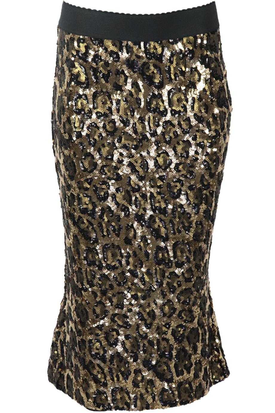 DOLCE AND GABBANA LEOPARD PRINT SEQUINED CREPE MIDI SKIRT IT 42 UK 10