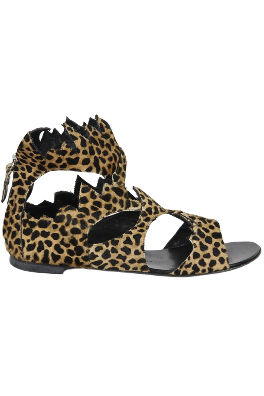 GIUSEPPE ZANOTTI LEOPARD PRINT CALF HAIR AND LEATHER SANDALS EU 38.5 UK 5.5 US 8.5