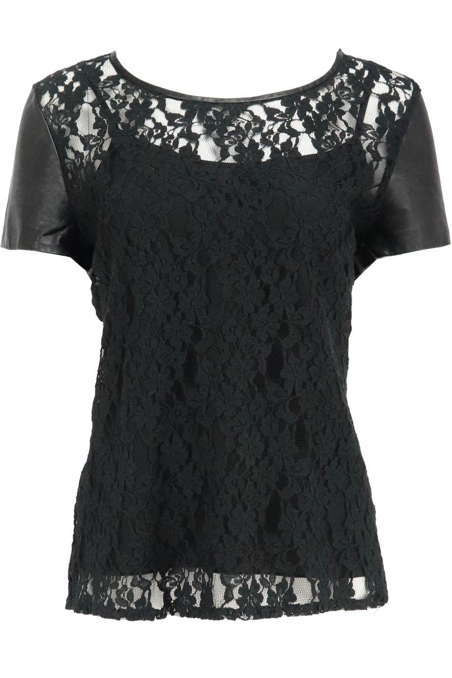 DKNY LEATHER TRIMMED LACE TOP LARGE