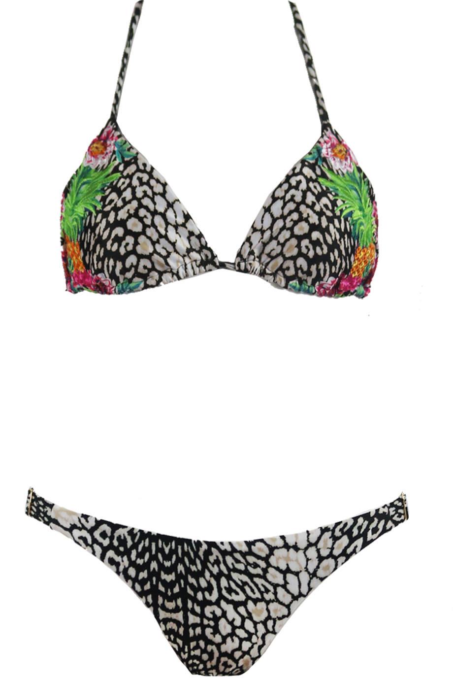 PILYQ SAFARI EMBROIDERED LEOPARD PRINT TRIANGLE HALTERNECK BIKINI SMALL