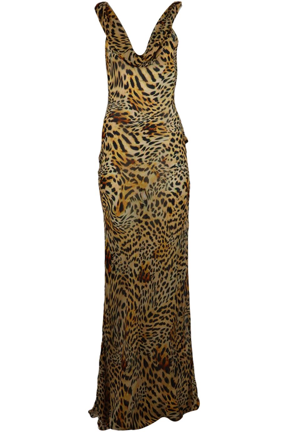 RAT AND BOA DRAPED LEOPARD PRINT CREPE MAXI DRESS XSMALL
