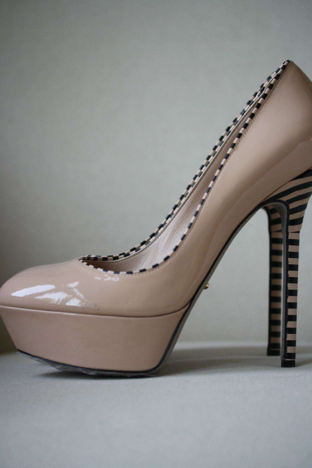 SERGIO ROSSI OPTIKALA PATENT NUDE STRIPED HEELS EU 38.5 UK 5.5