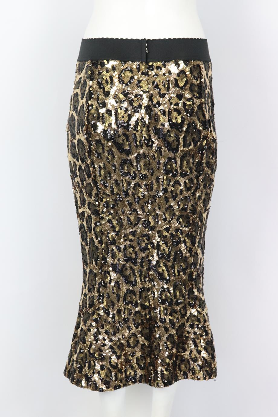 DOLCE AND GABBANA LEOPARD PRINT SEQUINED CREPE MIDI SKIRT IT 42 UK 10