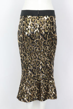 DOLCE AND GABBANA LEOPARD PRINT SEQUINED CREPE MIDI SKIRT IT 42 UK 10