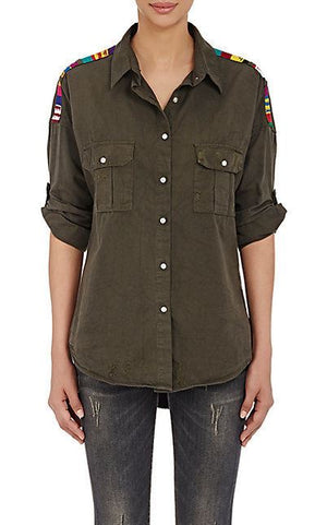 NSF JOHNNA EMBROIDERED DISTRESSED CANVAS SHIRT PETITE