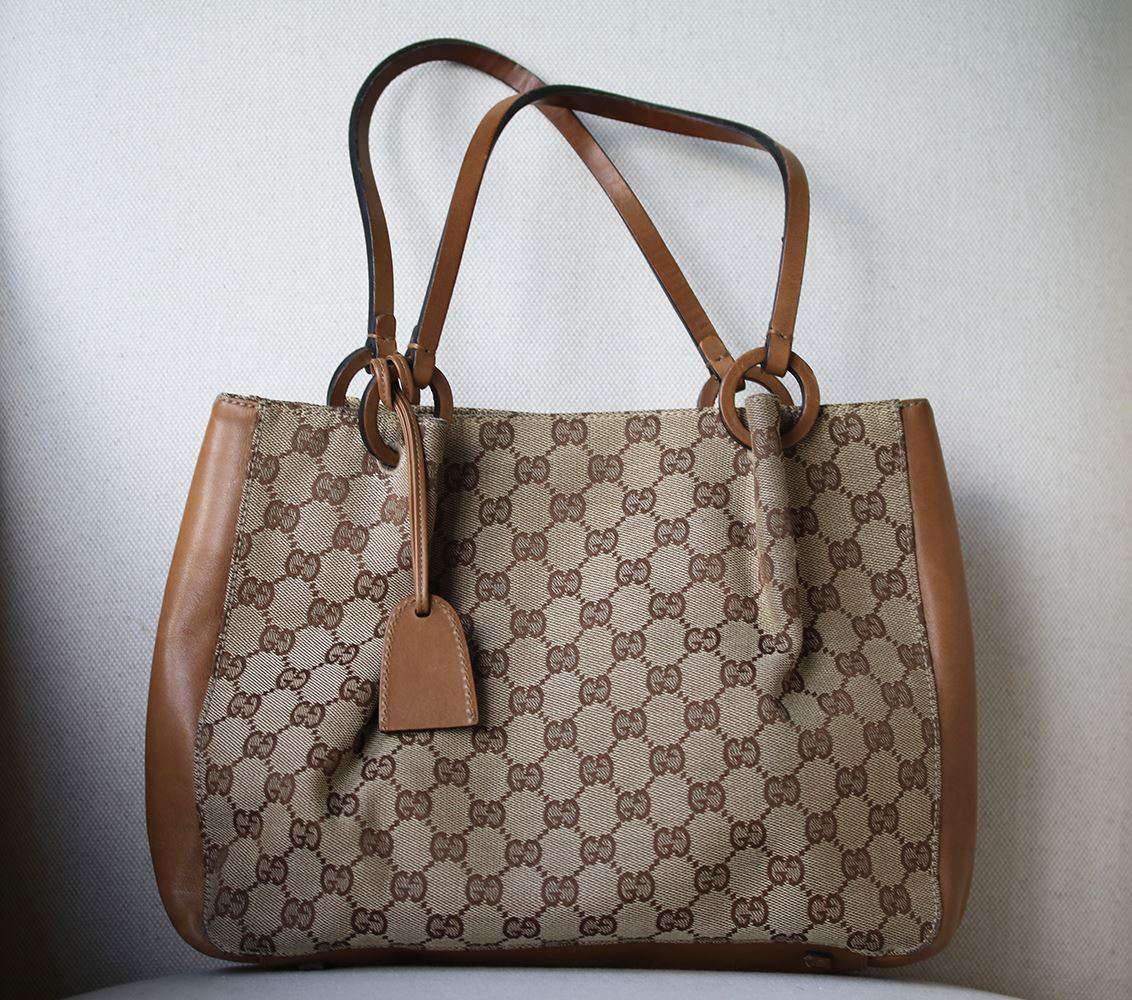 GUCCI GG MONOGRAM CANVAS AND LEATHER TOTE BAG