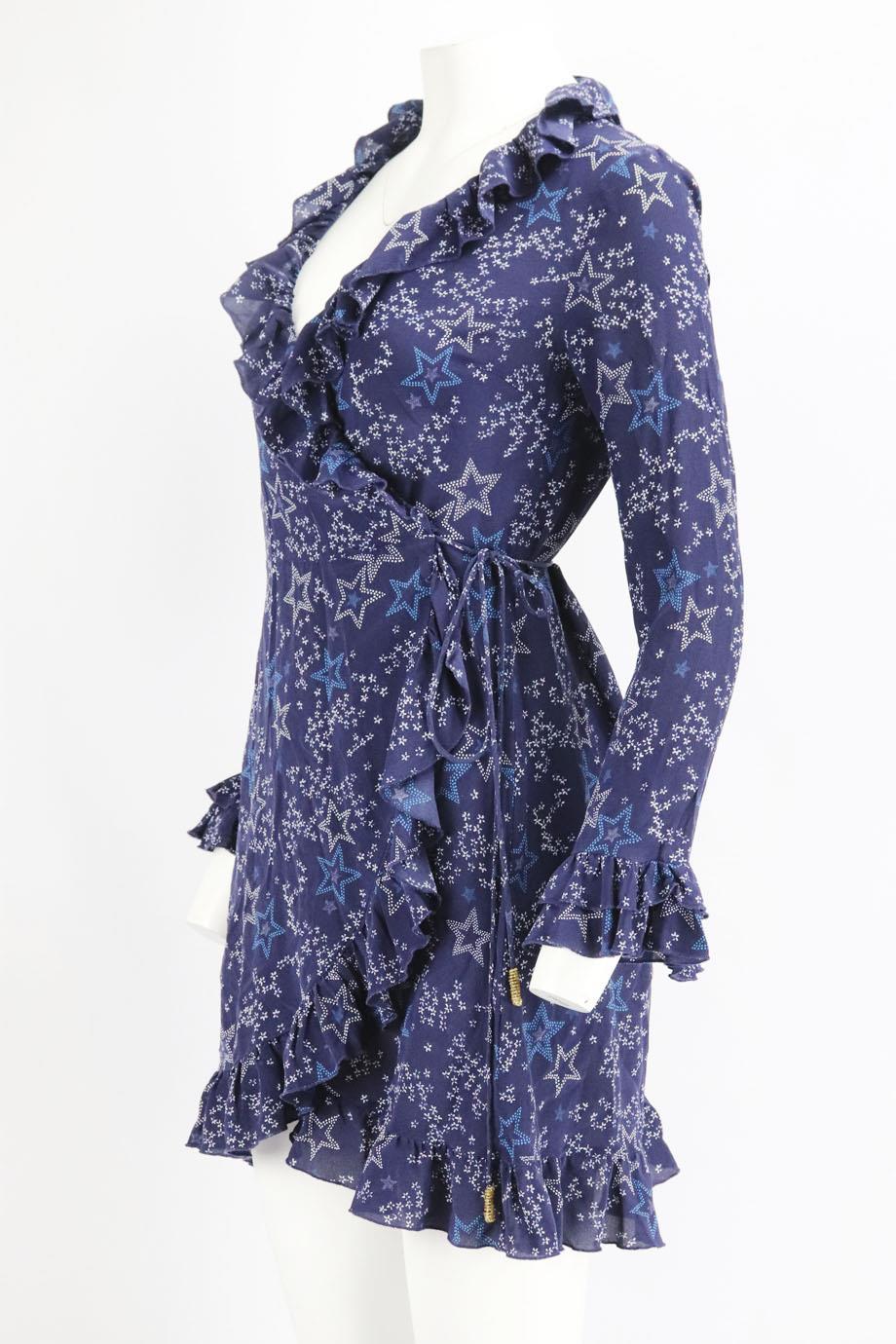 PALMOMA BLUE RUFFLED PRINTED SILK WRAP DRESS MEDIUM