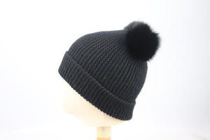 AUTUMN CASHMERE FUR TRIMMED RIBBED CASHMERE BEANIE ONE SIZE