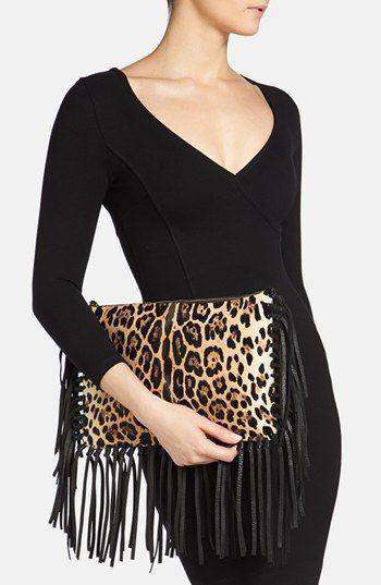 VALENTINO LEOPARD PRINT CALF HAIR FRINGE CLUTCH BAG