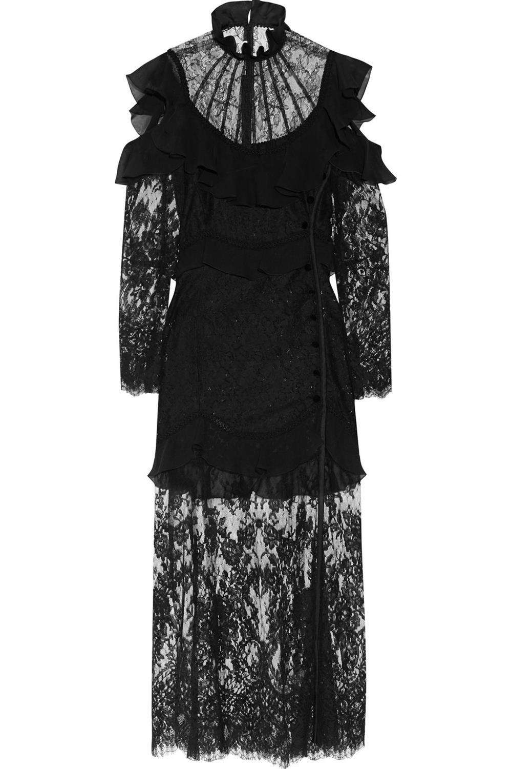 ALESSANDRA RICH CUTOUT RUFFLED CHANTILLY LACE GOWN IT 40 UK 8