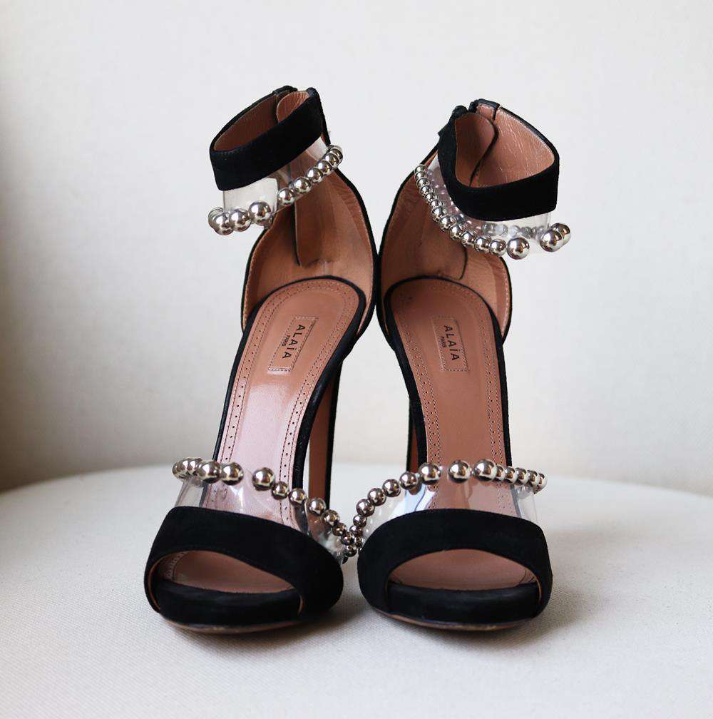 AZZEDINE ALAÏA BEAD EMBELLISHED PVC AND SUEDE SANDALS EU 38 UK 5 US 8