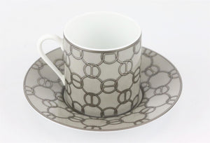 HERMÈS FIL D'ARGENT SET OF 2 PORCELAIN COFFEE CUP AND SAUCER