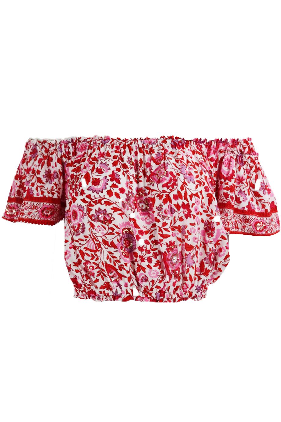 POUPETTE ST BARTH OFF THE SHOULDER CROPPED PRINTED VOILE TOP SMALL/MEDUIM