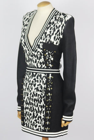 BALMAIN LEOPARD JACQUARD KNIT MINI DRESS FR 40 UK 12