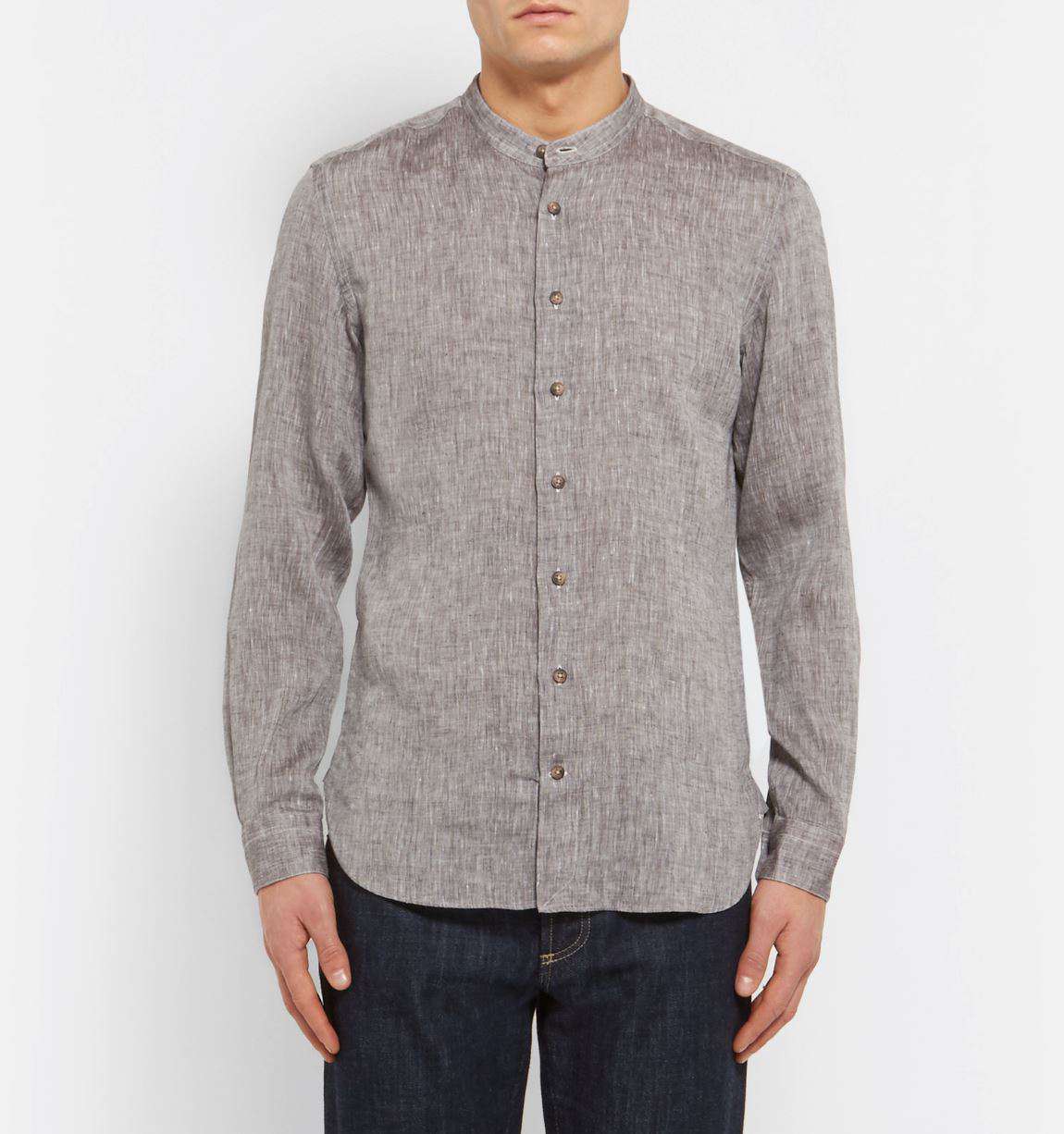 THOM SWEENEY NATURAL SLIM-FIT GRANDAD-COLLAR SLUB LINEN SHIRT LARGE