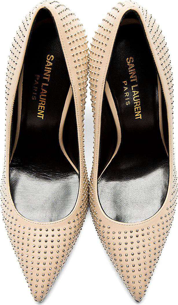 SAINT LAURENT BEIGE LEATHER STUDDED PUMPS HEELS EU 37 UK 4